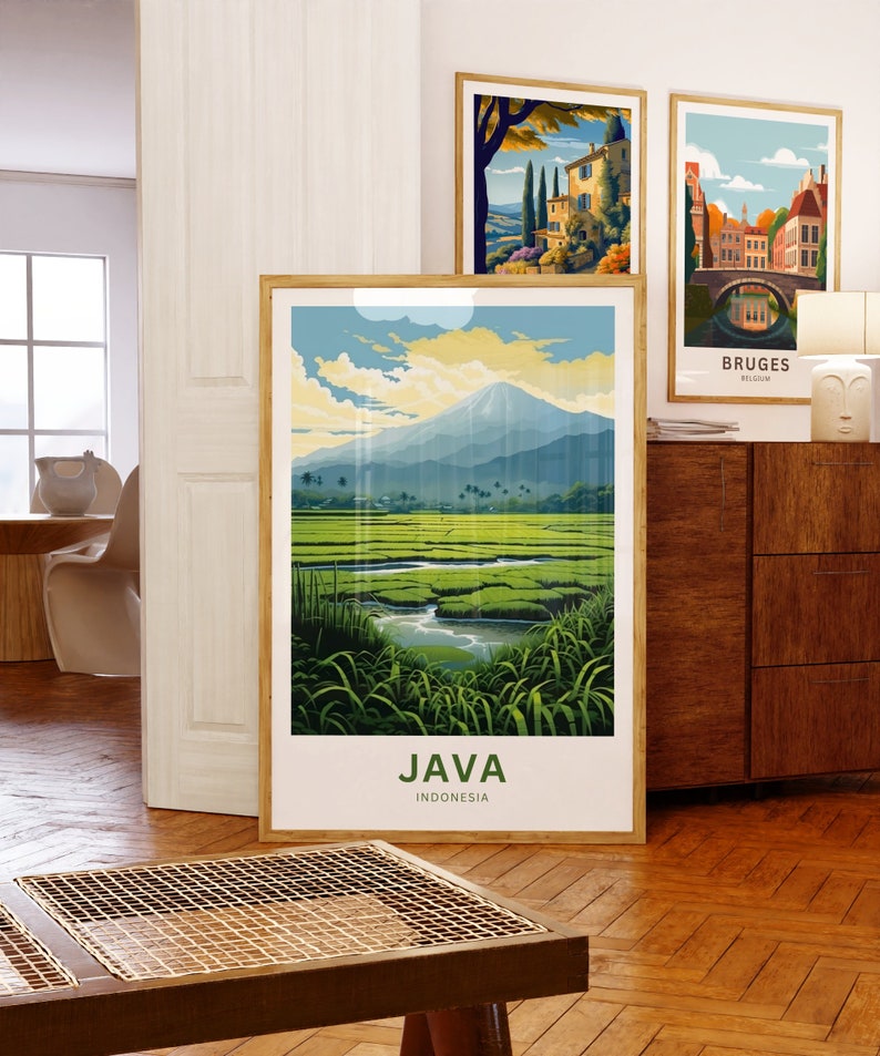 May include: A vintage travel poster design featuring a green landscape with a mountain in the background. The poster has the text "JAVA INDONESIA" at the bottom.