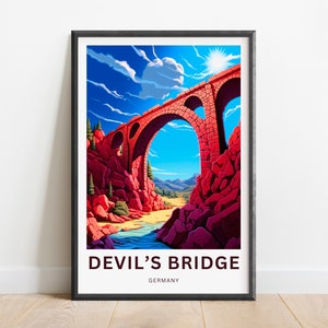 May include: A colourful illustration of a red stone bridge over a river in a rocky landscape. The sky is blue with white clouds and the sun is shining. The text "Devil's Bridge, Germany" is at the bottom of the image.