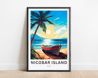 Op de afbeelding: Een kleurrijke illustratie van een tropisch strand met een palmboom, een boot aan de kust en de tekst "NICOBAR ISLAND INDIA".