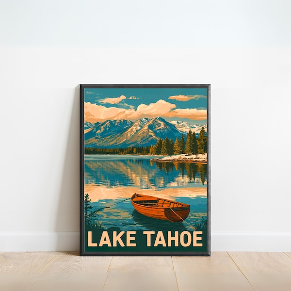 Cartel de viaje vintage de Lake Tahoe - Impresión de Lake Tahoe, Arte de pared vintage de California, Presente enmarcado, Regalo California Presente