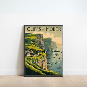 Cliffs of Moher Vintage Reiseplakat - Cliffs of Moher Druck, Irland Wandkunst, gerahmt, Geschenk Irland Geschenk