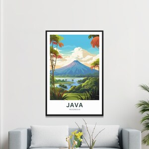 May include: A framed art print featuring a scenic view of Java, Indonesia. The artwork depicts a mountain, a lake, and lush greenery under a blue sky with clouds. The word "JAVA" and "INDONESIA" are printed at the bottom.
