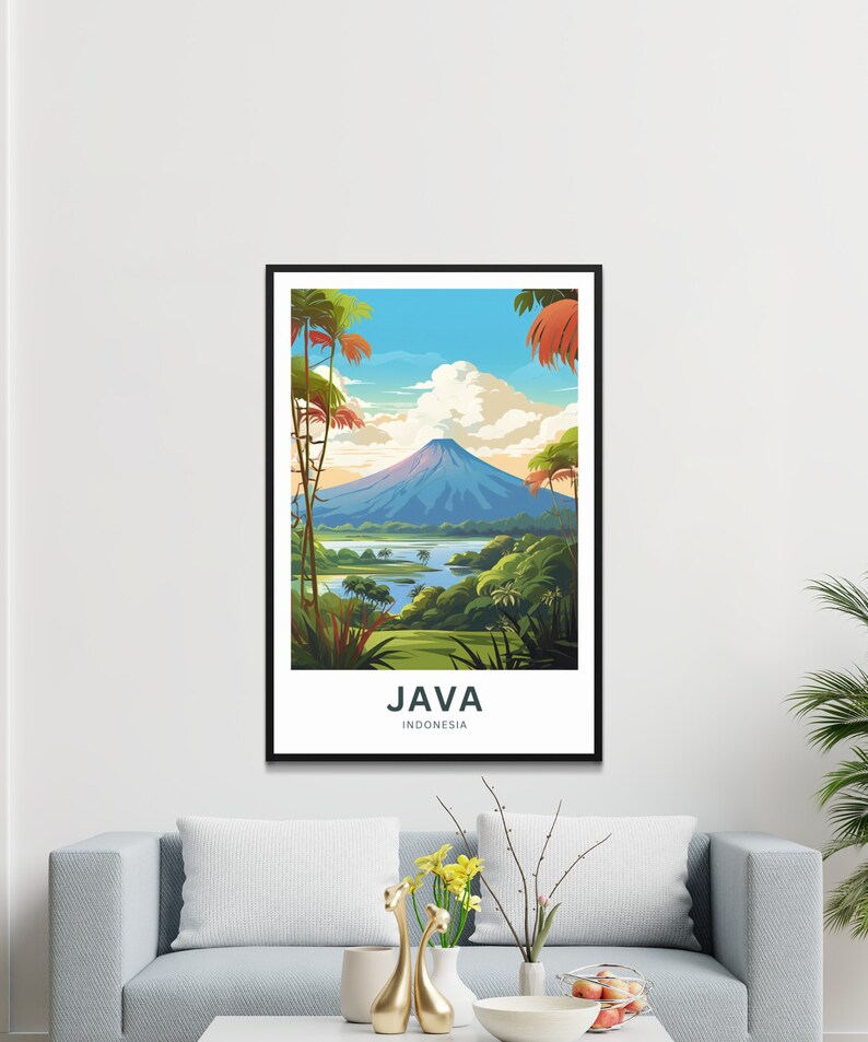 May include: A framed art print featuring a scenic view of Java, Indonesia. The artwork depicts a mountain, a lake, and lush greenery under a blue sky with clouds. The word "JAVA" and "INDONESIA" are printed at the bottom.