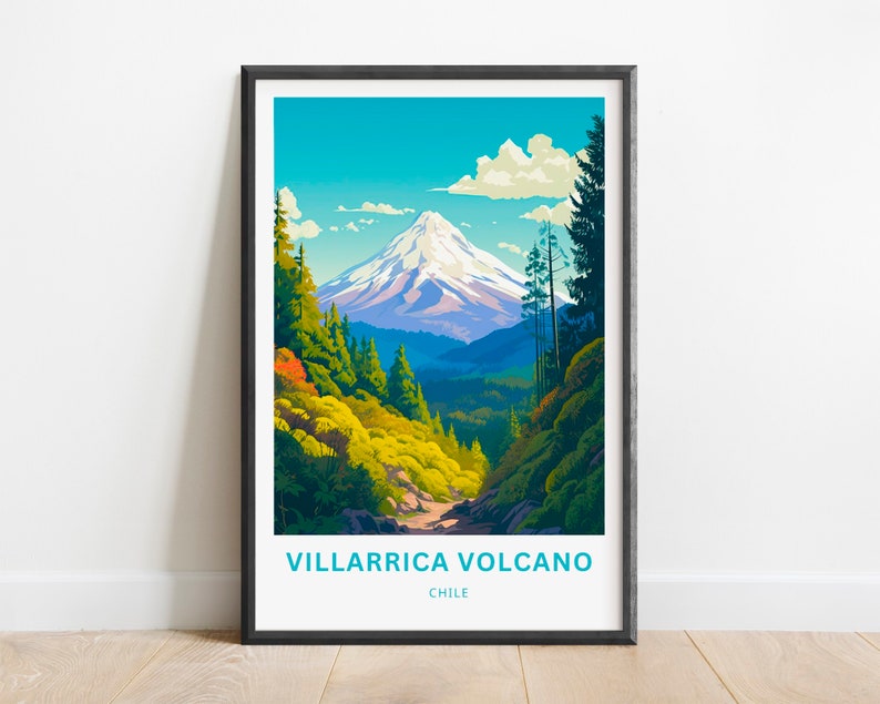 Villarrica Volcano Travel Print Villarrica Volcano poster, Rucapillán Wall Art, Framed present, Gift Chile Present image 1