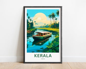 May include: A colorful illustration of a boat on a river in Kerala, India. The boat is green and brown with a wooden deck. The river is blue and surrounded by lush green trees and palm trees. The sky is blue with a yellow sun.