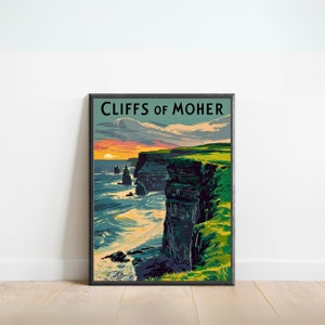 Cliffs of Moher Vintage Reiseplakat - Cliffs of Moher Druck, Irland Wandkunst, gerahmt, Geschenk Irland Geschenk