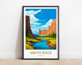 May include: A colorful illustration of a landscape with a river winding through a valley surrounded by tall, red rock cliffs. The sky is blue with white clouds. The text "SMITH ROCK OREGON" is at the bottom of the image.