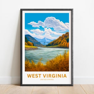 West Virginia Reisedruck - West Virginia Poster, USA Wandkunst, Geschenk, USA Präsent, USA gerahmt
