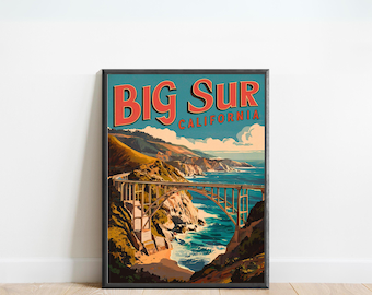 May include: Vintage travel poster with a blue, green, and brown color scheme featuring a bridge over a body of water with a coastline in the background. The text on the poster reads "Big Sur California".