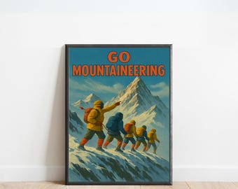 May include: A vintage-style poster with the text "GO MOUNTAINEERING" in orange letters on a blue background. The poster features a group of five people in winter clothing climbing a snow-covered mountain.
