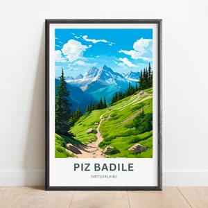 May include: A framed poster depicting a scenic view of a mountain range in Switzerland. The poster shows a green hiking trail winding through the mountains, with a blue sky and white clouds in the background. The text "Piz Badile" and "Switzerland" is printed at the bottom of the poster.