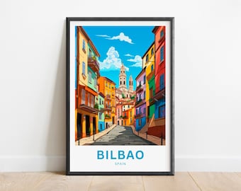 May include: A colorful illustration of a street scene in Bilbao, Spain. The buildings are painted in bright colors, including yellow, orange, red, and blue. The street is lined with steps and there is a church in the distance.