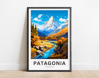 Op de afbeelding: Een kleurrijke illustratie van een bergketen met een rivier die door een vallei stroomt. De bergen zijn met sneeuw bedekt en de lucht is blauw met witte wolken. De tekst "PATAGONIA ARGENTINA" staat onderaan de afbeelding.