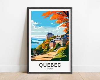 May include: A colourful illustration of a cityscape with a river in the background. The city is built on a hill with a winding road leading up to the top. The buildings are a mix of red, yellow, and brown. The sky is blue with white clouds. The text "QUEBEC CANADA" is at the bottom of the image.