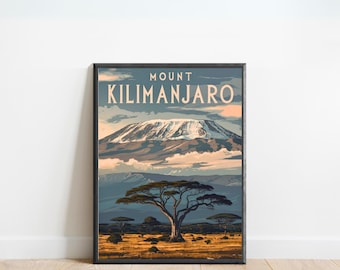 Mount Kilimanjaro Vintage Travel Poster - Mount Kilimanjaro print, Tanzania Wall Art, Framed present, Gift Africa Present