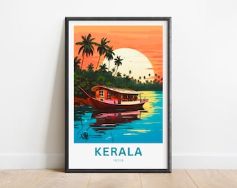 May include: A framed illustration of a houseboat on a lake in Kerala, India. The boat is brown with a pink roof and is surrounded by palm trees. The sky is orange and yellow with a large white sun in the background. The text "KERALA INDIA" is at the bottom of the image.