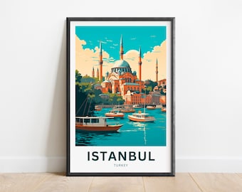 May include: A vintage travel poster featuring a colourful illustration of the Hagia Sophia mosque in Istanbul, Turkey. The mosque is depicted with minarets and a dome, surrounded by boats on the water. The poster has the text "ISTANBUL TURKEY" at the bottom.