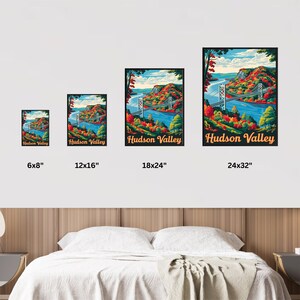 May include: A vintage-style poster featuring a scenic view of the Hudson Valley with a bridge and fall foliage. The poster is available in various sizes, including 6x8 inches, 12x16 inches, 18x24 inches, and 24x32 inches.