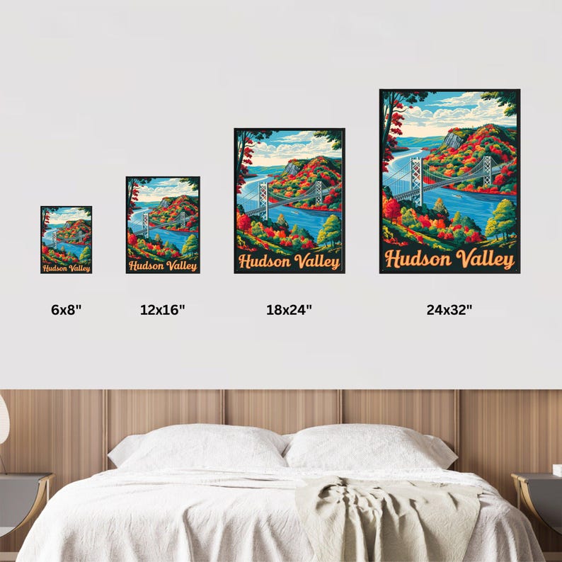 May include: A vintage-style poster featuring a scenic view of the Hudson Valley with a bridge and fall foliage. The poster is available in various sizes, including 6x8 inches, 12x16 inches, 18x24 inches, and 24x32 inches.
