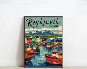Cartel de viaje vintage de Reykjavik - Impresión de Reykjavik, Arte de la pared de Islandia, Presente enmarcado, Regalo Islandia presente