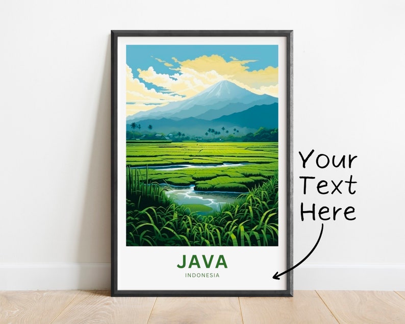 May include: A poster featuring a colourful illustration of a mountain range and rice paddies in Java, Indonesia. The text "JAVA" and "INDONESIA" is printed below the image.