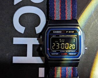 Custom Casio F 91W 22MM Custom notched Nato Strap RETROCHROMA MOD