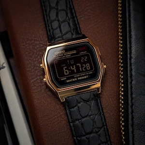 Custom Casio A159 &quot;1950&quot; || Unisex compact watch || Digital 12/24h || Genuine leather hand-notched strap || Casio vintage collection