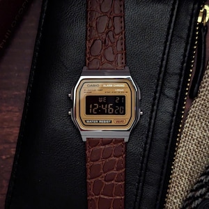 Custom Casio A158 &quot;Vintro&quot; || Unisex compact watch || Digital 12/24h || Genuine leather hand-notched strap || Casio vintage collection