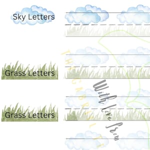 Montessori Arbeitsblatt, Handschrift mit visuellen Hinweisen - Himmel Buchstaben, Gras Buchstaben, Wurzeln Buchstaben - Landschaft, Lehrmittel, Vorschule, Kindergarten