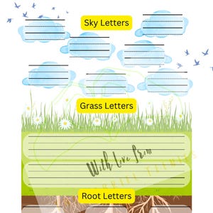 Montessori Arbeitsblatt, Handschrift mit visuellen Hinweisen - Himmel Buchstaben, Gras Buchstaben, Wurzeln Buchstaben - vertikal, Lehrmittel, Vorschule, Kindergarten