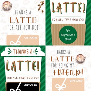 Gracias amigo, gracias Latte Gift Card Holders, juego de 4 diseños, café espresso, descargar PDF, imprimir desde casa