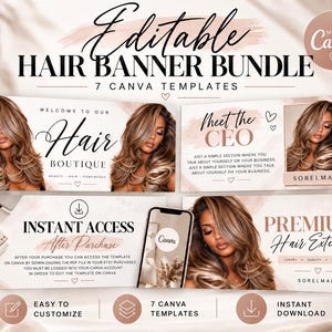 Peut inclure: Un ensemble de bannières capillaires modifiables comprenant sept modèles Canva avec une palette de couleurs neutres. Les designs incluent du texte tel que "Editable Hair Banner Bundle", "Welcome to our Hair Boutique", "Meet the CEO", "Instant Access After Purchase" et "Premium Hair Extensions", ainsi que des images d'une personne aux cheveux méchés.