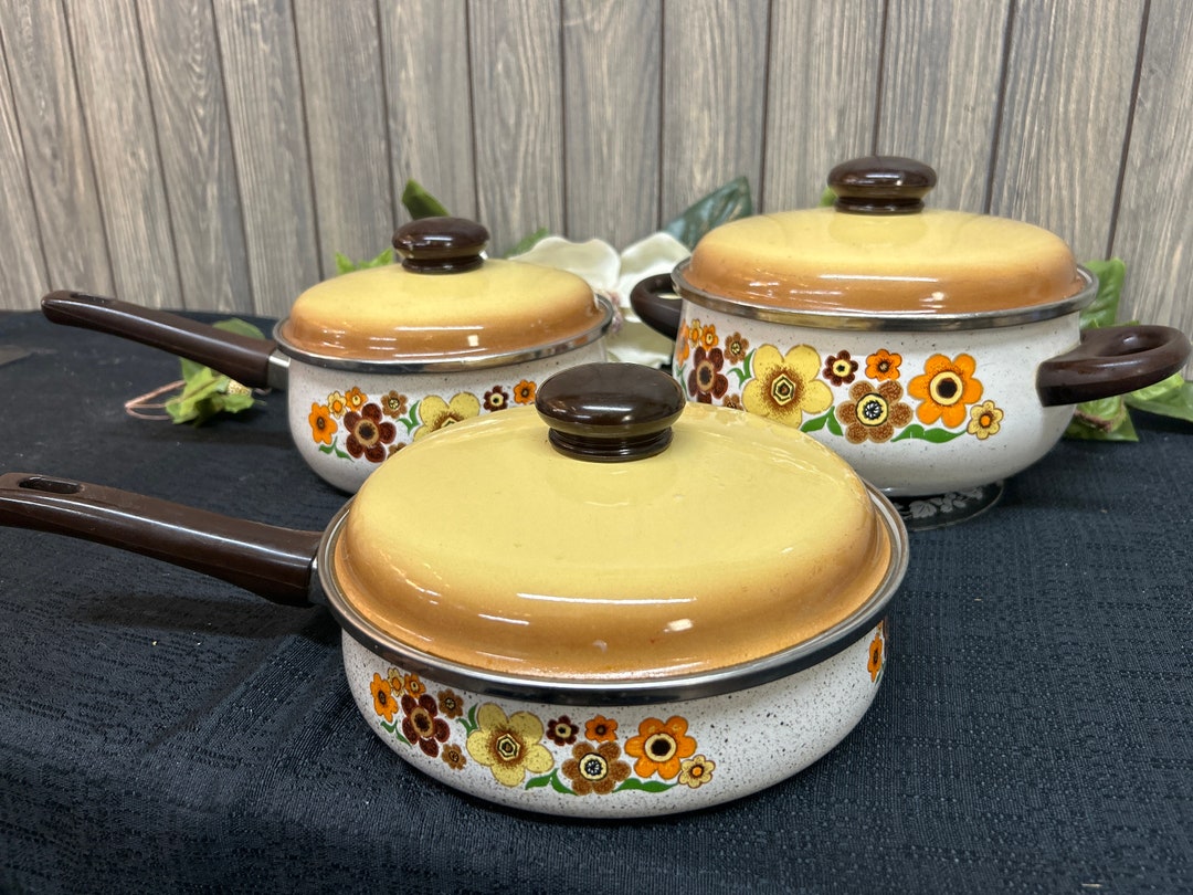 Vintage 70s Harvest Blossom Porcelain Enamel Cookware 6 PC Set Pot Pans ...