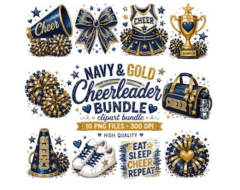Navy and Gold Cheerleader Clipart Bundle, 10 PNG Cheerleading Sublimation Designs, Pom Poms Megaphone Trophy, Digital Cheer Graphics