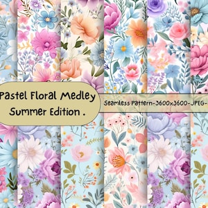 Pastel Floral Medley Sommer Digitales Papier Set | 12 nahtlose Muster | Scrapbook Papier |Digitale Hintergründe |Kommerzielle Nutzung|Digitaler Download