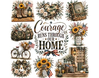 Patriotic Military Clipart Bundle, Camouflage Sunflowers PNG, Army Wife Sublimation, Courage Runs Through Our Home Digital, Veteran Art