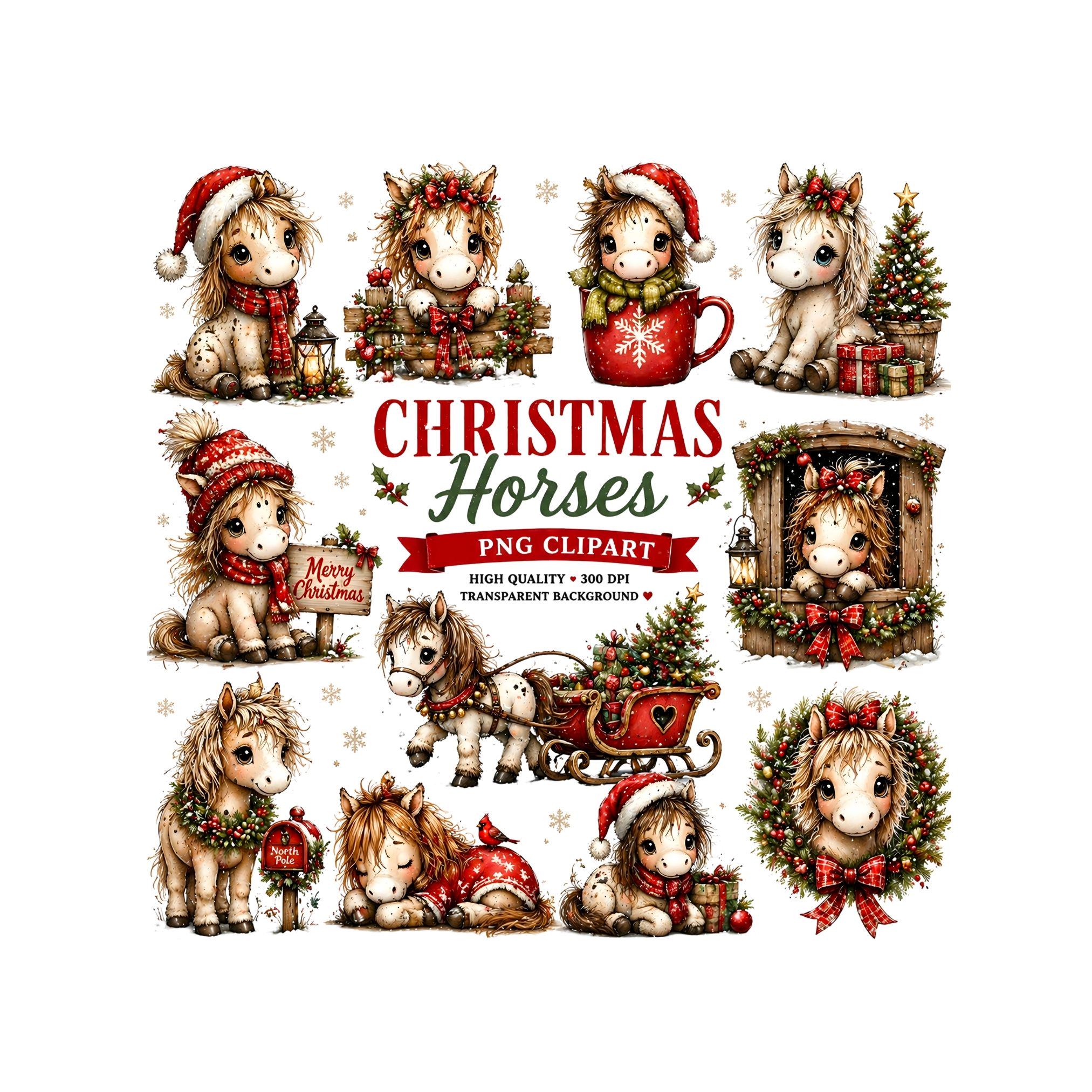 Christmas Horse PNG Clipart Bundle | Cute Baby Pony Holiday Graphics ...