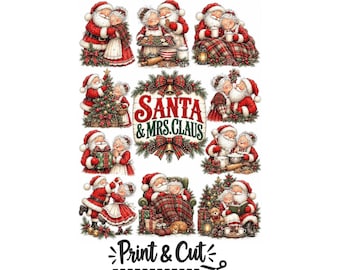 Santa and Mrs Claus Clipart Bundle, Vintage Christmas Illustrations, Festive Holiday Graphics for Card Making & Sublimation, Digital PDF