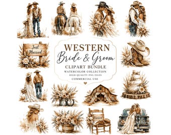 Western Wedding Clipart PNG | Rustic Bride and Groom Watercolor Bundle | Country Wedding Graphics | Cowboy Boots Barn & Florals Digital Art
