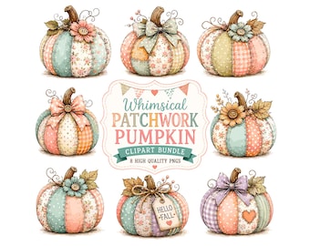 Patchwork Pumpkin Clipart PNG Bundle, Whimsical Fall Graphics, Shabby Chic Autumn Graphics, Pastel Quilted Pumpkins, 8 Digital Designs
