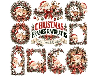 Imágenes prediseñadas PNG de coronas navideñas, marcos de Papá Noel y renos, paquete de gráficos navideños vintage, coronas festivas para tarjetas y álbumes de recortes