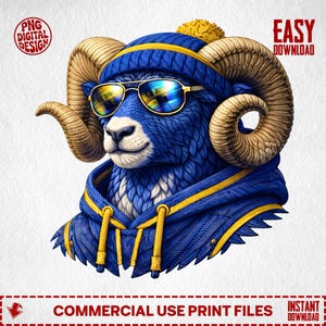 May include: A blue ram illustration wearing a blue and yellow knit cap, hoodie, and sunglasses. The ram has large, curved horns and a smiling expression. Text includes "PNG DIGITAL DESIGN", "EASY DOWNLOAD", and "COMMERCIAL USE PRINT FILES".