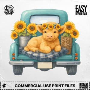 Highland Cow Truck Digital Download, Sunflower Clipart png svg, Vintage Pickup with Calf Image, Farm Animal Graphics, Country Decor
