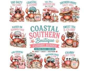 Paquete de imágenes prediseñadas de cangrejos costeros del sur / PNG de sublimación playera atrevida / Frases dulces sobre té y sal / Gráficos veraniegos de boutique rosa para impresión DTG