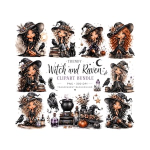 Peut inclure: Un ensemble de cliparts numériques présentant huit illustrations de jeunes sorcières avec des corbeaux. Chaque sorcière est représentée avec de longs cheveux, un chapeau de sorcière et une robe noire. Le texte "Trendy Witch and Raven Clipart Bundle" est également inclus.