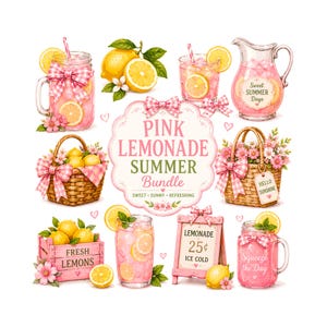 May include: Watercolor illustration of a pink lemonade summer bundle. The image includes a mason jar, a pitcher, and glasses filled with pink lemonade, lemons, and decorative bows. The text reads "Pink Lemonade Summer Bundle."