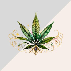 Peut inclure: Une illustration stylis&eacute;e d'une feuille de cannabis verte aux bords dentel&eacute;s d&eacute;taill&eacute;s et aux nervures vert fonc&eacute;. La base de la feuille est orn&eacute;e d'une petite pierre pr&eacute;cieuse violette sertie d'or, entour&eacute;e de filigranes dor&eacute;s complexes.