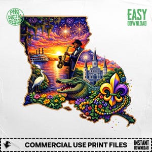 May include: Colorful digital art print of Louisiana in the shape of the state. Features a musician playing a saxophone, an alligator, a steamboat, and a fleur-de-lis. The background shows a sunset and fireworks.