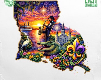 Louisiana Clipart PNG, Sublimation Design, DTF Transfer PNG, New Orleans Art, Alligator, Fleur de Lis, Saxophone Player, State Map