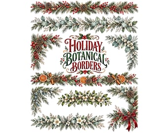 Watercolor Christmas Botanical Borders Clipart, Winter Greenery Frames & Garlands PNG, Holiday Floral Dividers for Invitations Cards